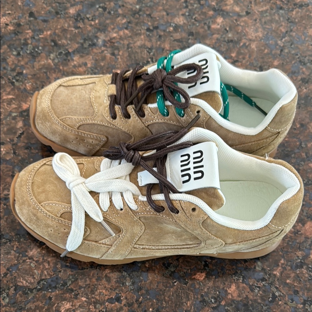 Tan and White Low-Top Sneakers with Suede Finish - Picture 2 of 5